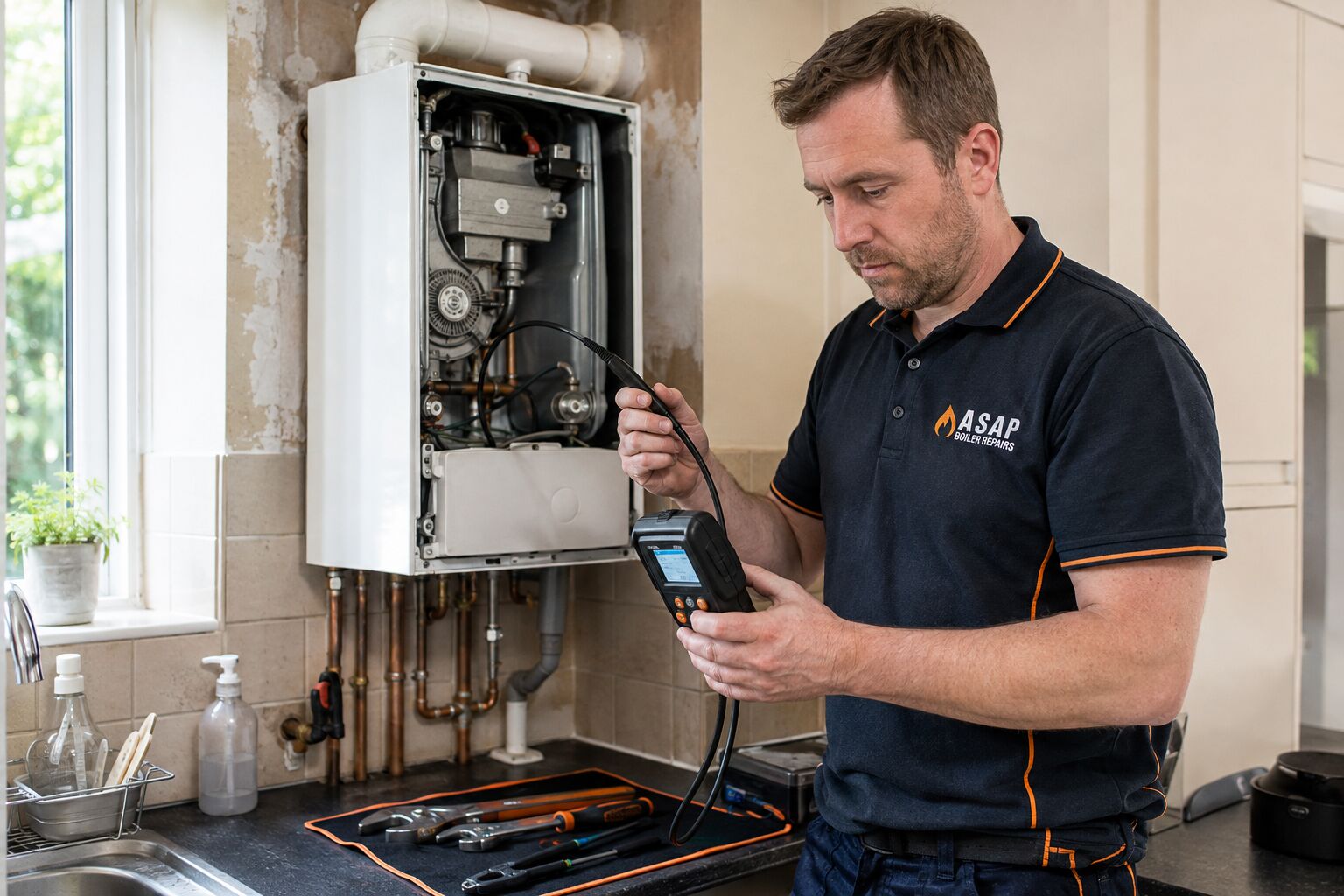ASAP Boiler Repairs engineer carrying out a boiler flue gas analysis