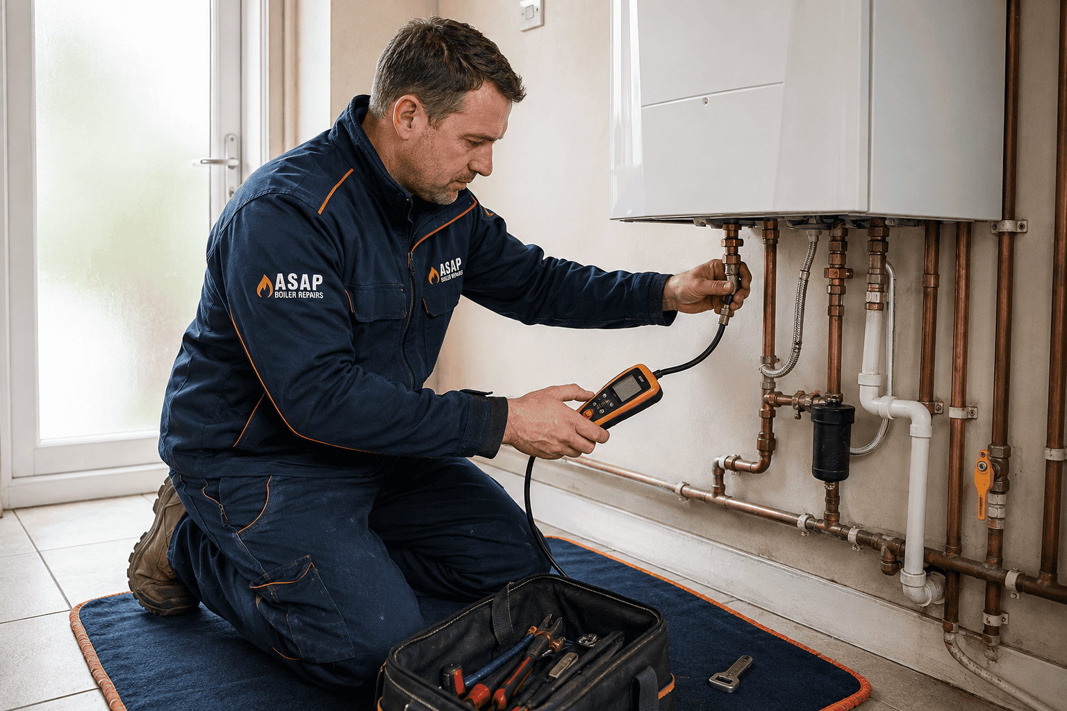 ASAP Boiler Repairs engineer checking boiler pressure and safety controls