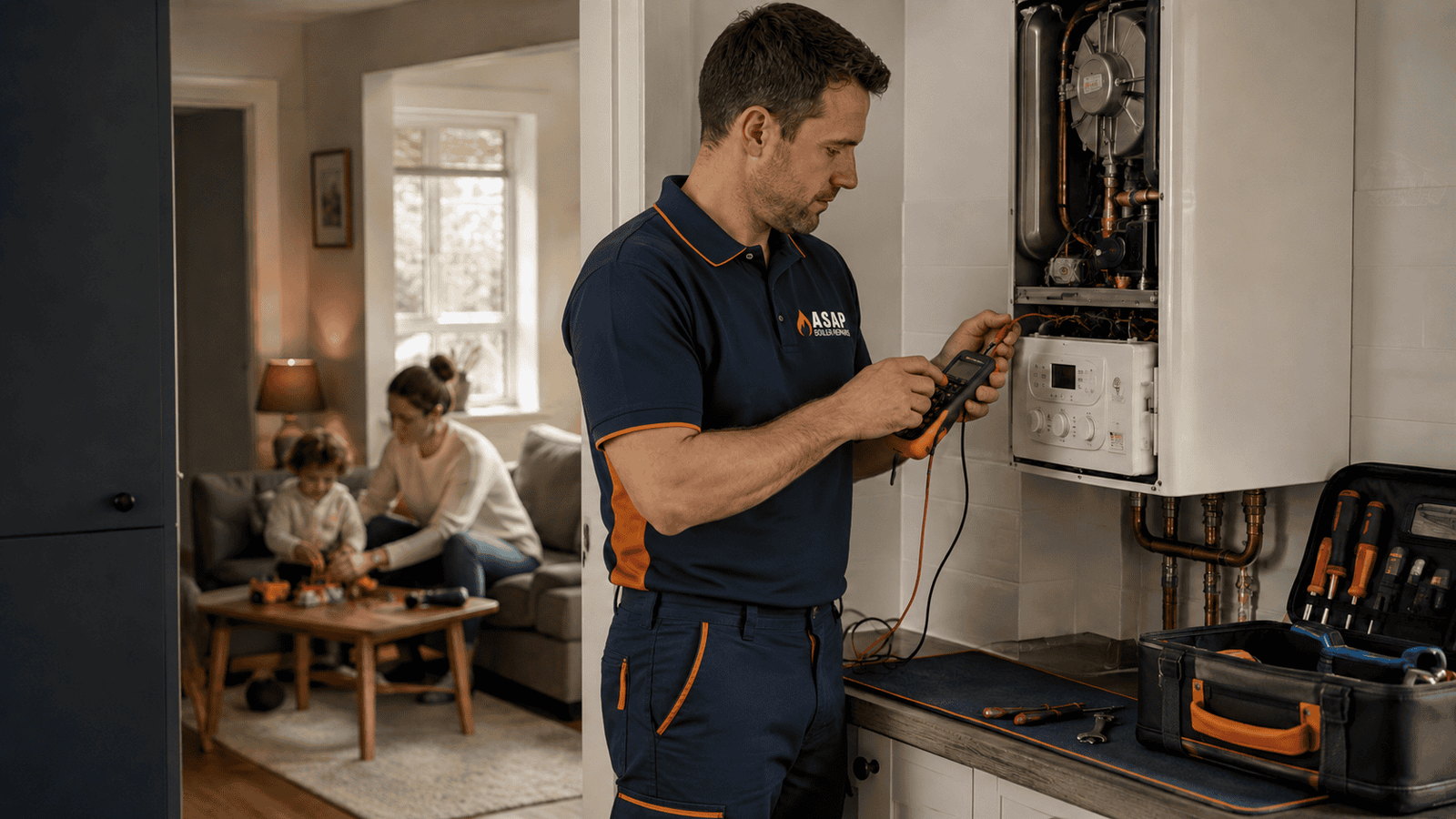 ASAP Boiler Repairs engineer repairing a boiler in a family home