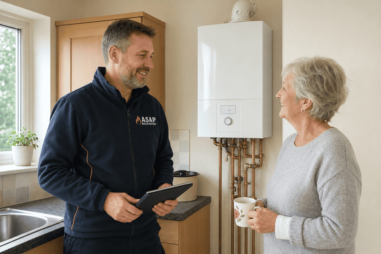 ASAP Boiler Repairs engineer reassuring a homeowner after a boiler repair