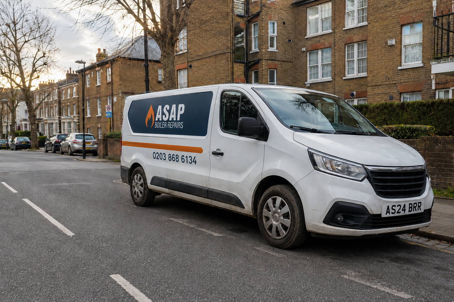 ASAP Boiler Repairs service van on a South London residential street