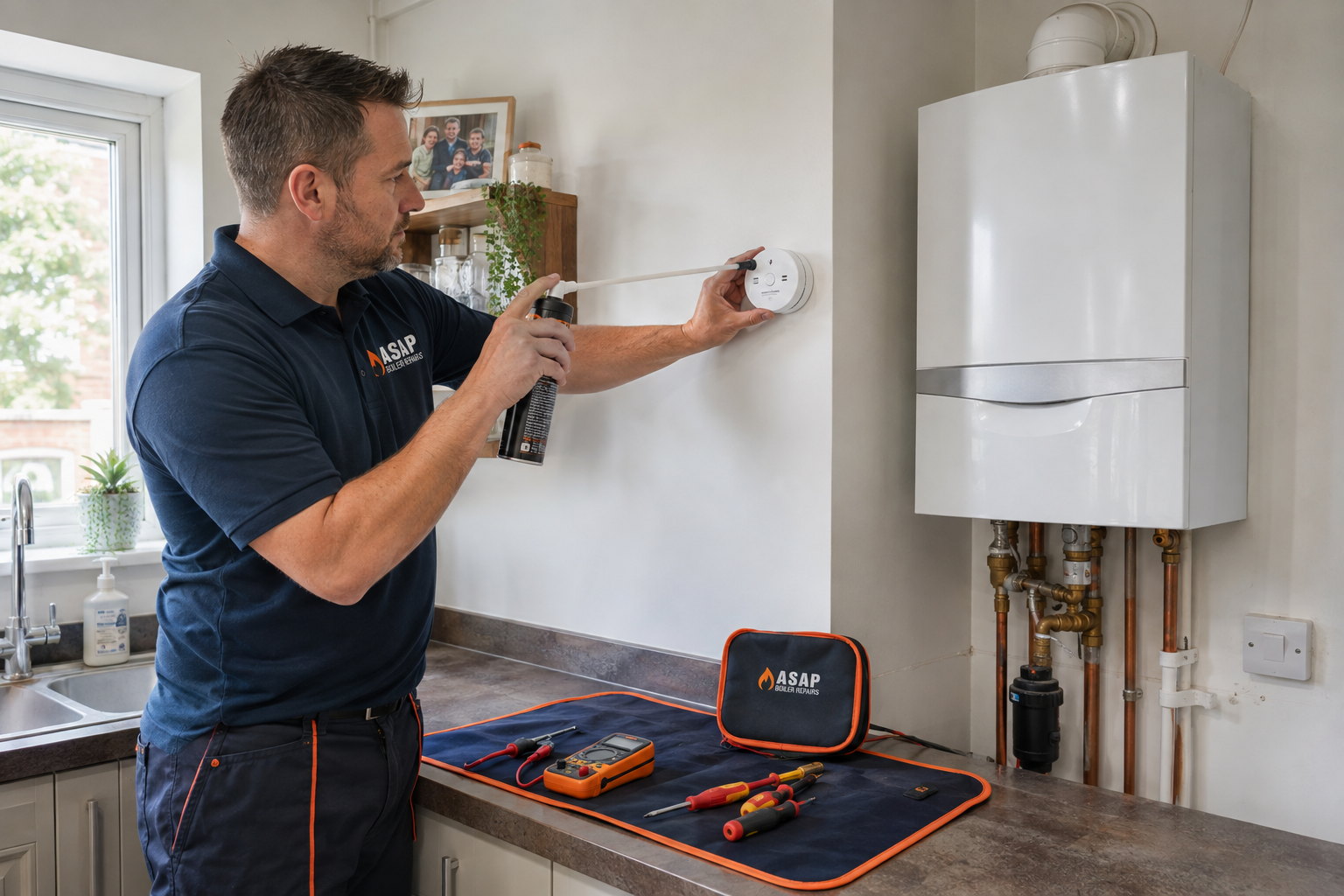 ASAP Boiler Repairs engineer checking a carbon monoxide alarm