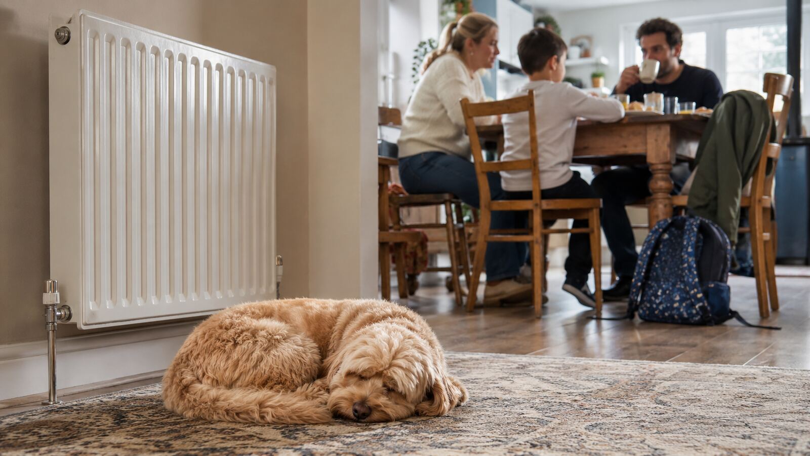 Cavapoo sleeping near a radiator while a family shares breakfast