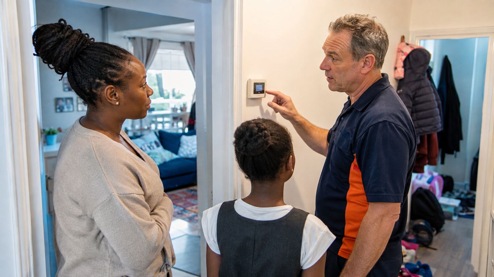Heating engineer explaining thermostat controls to a mother and daughter