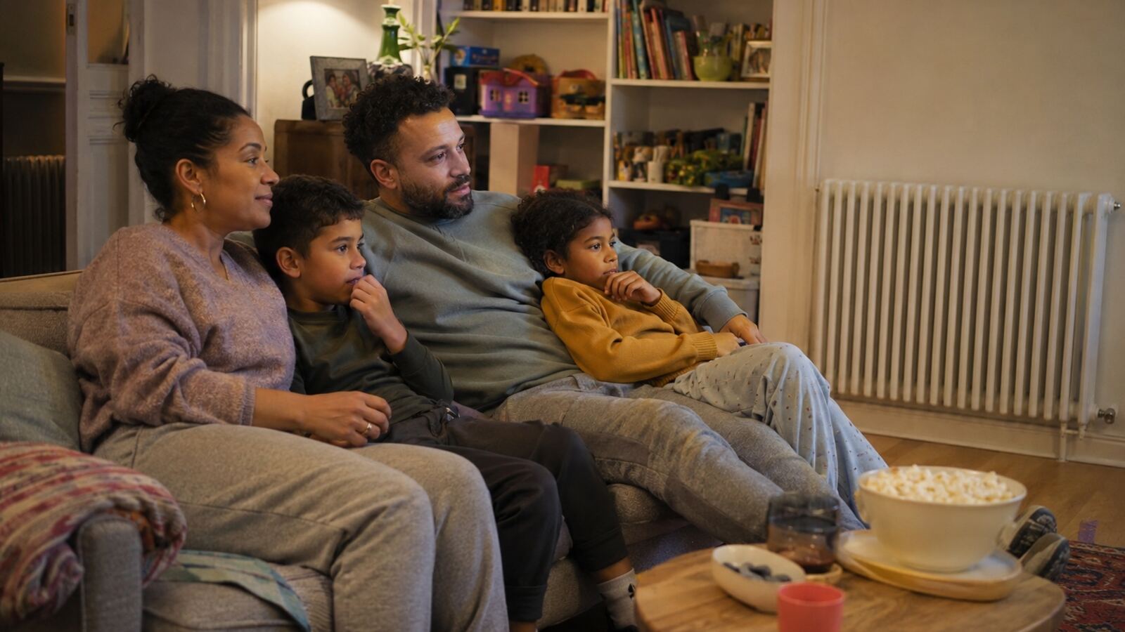 Family relaxing together during a warm evening at home