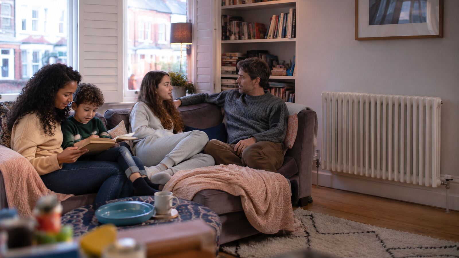Family relaxing together in a comfortably heated living room