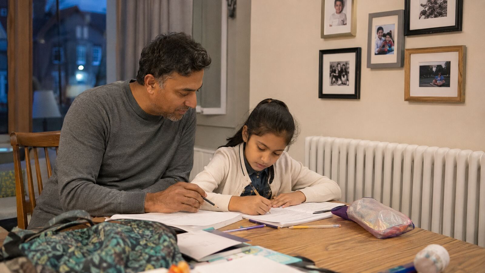 Father helping his daughter with homework in a comfortably heated home
