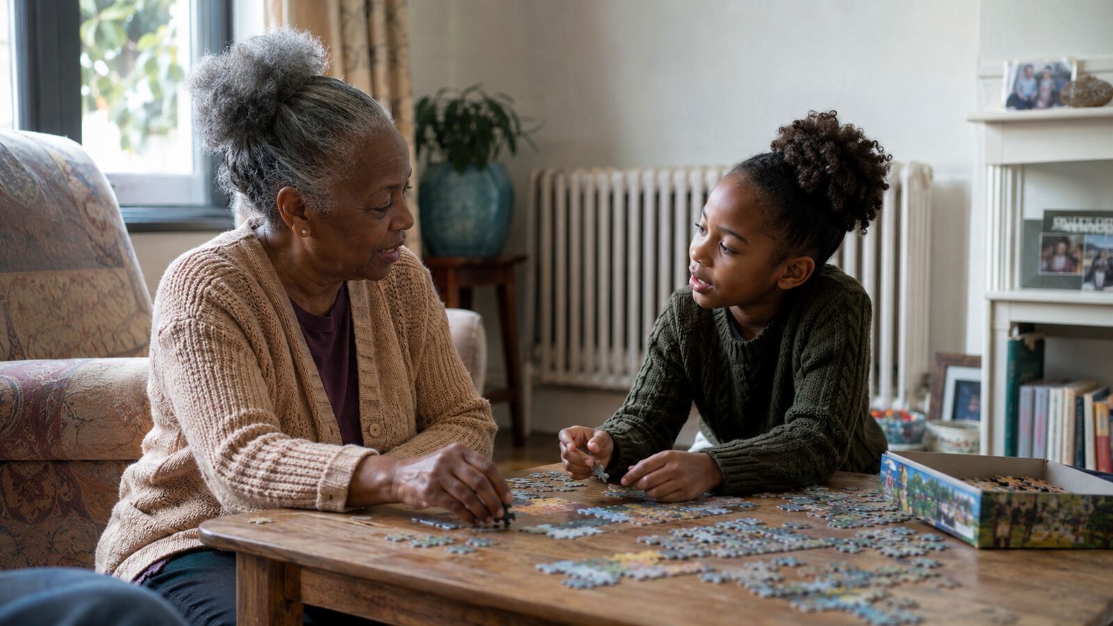 Grandmother and granddaughter doing a puzzle together beside a warm radiator