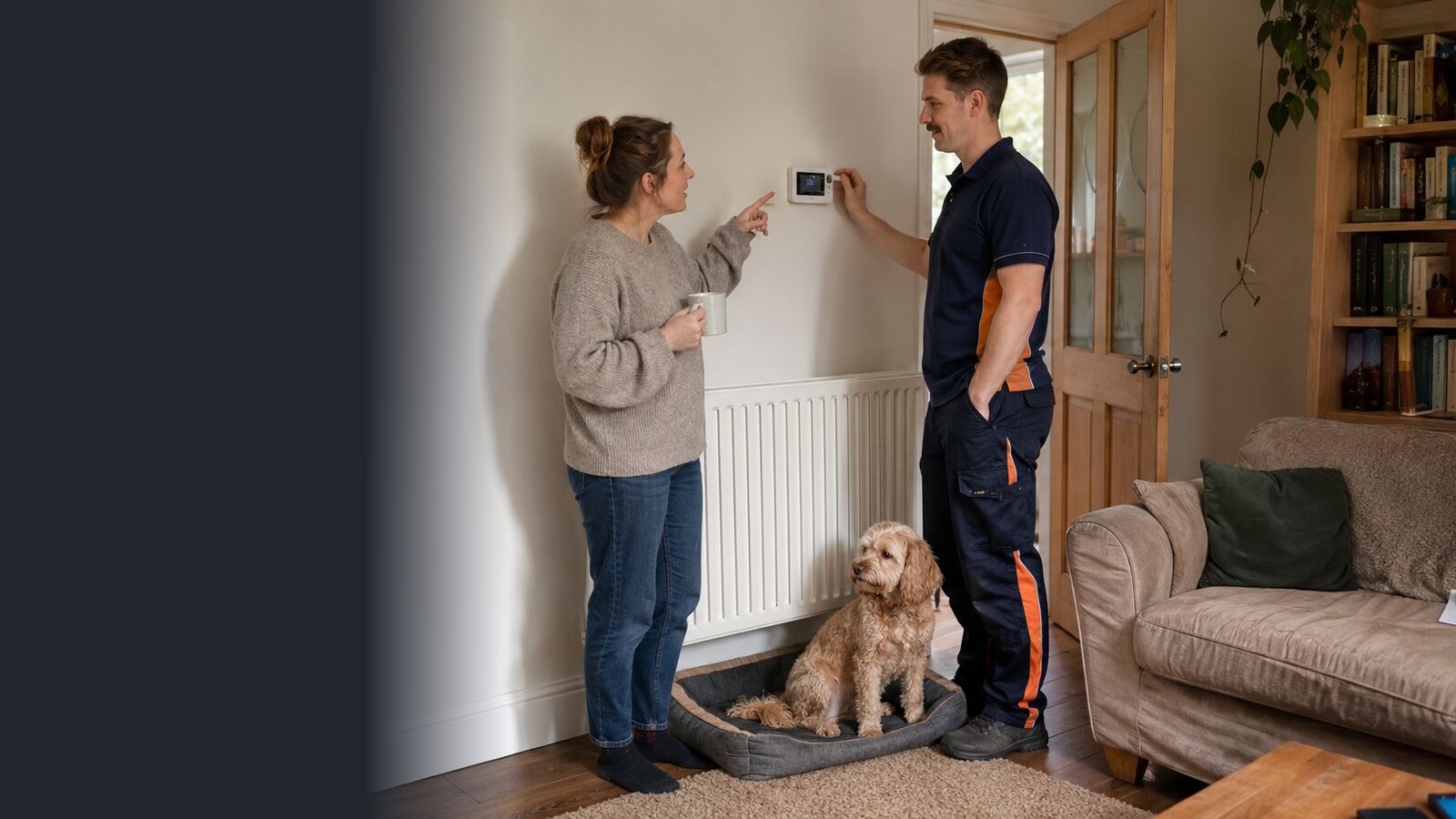 Heating engineer explaining thermostat settings to a woman homeowner with her Cavapoo nearby