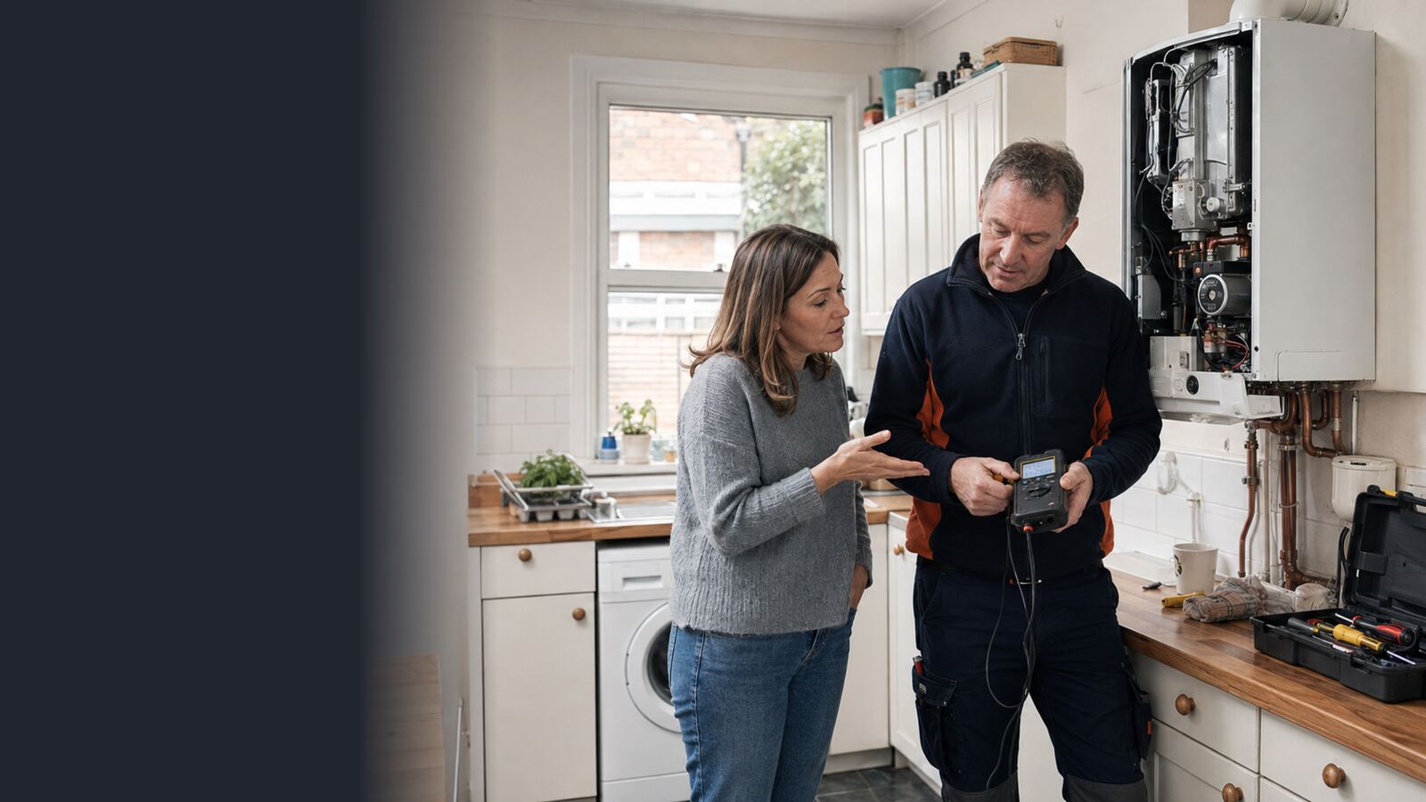 Heating engineer explaining a boiler diagnostic reading to a woman homeowner