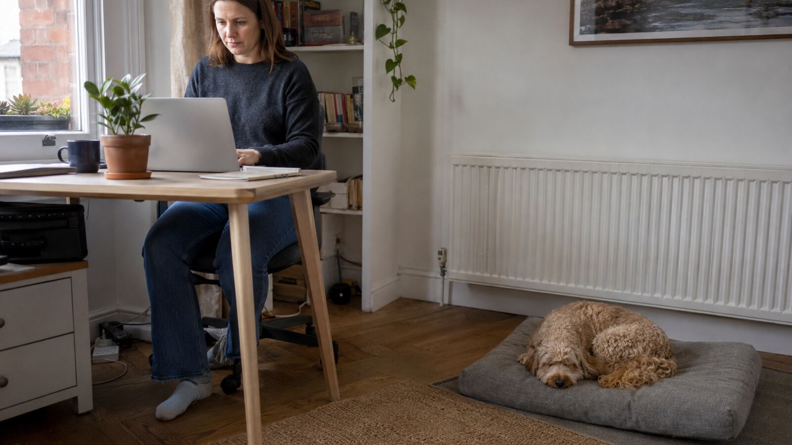 Woman working from home while her Cavapoo sleeps near a radiator