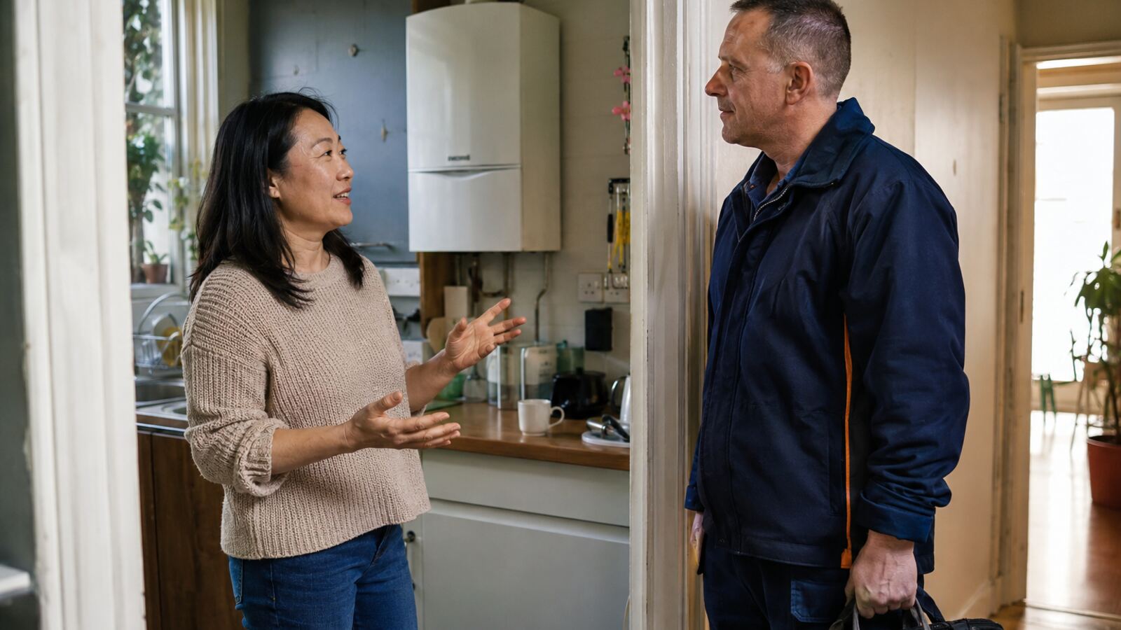 Woman homeowner speaking with a heating engineer after the repair is complete