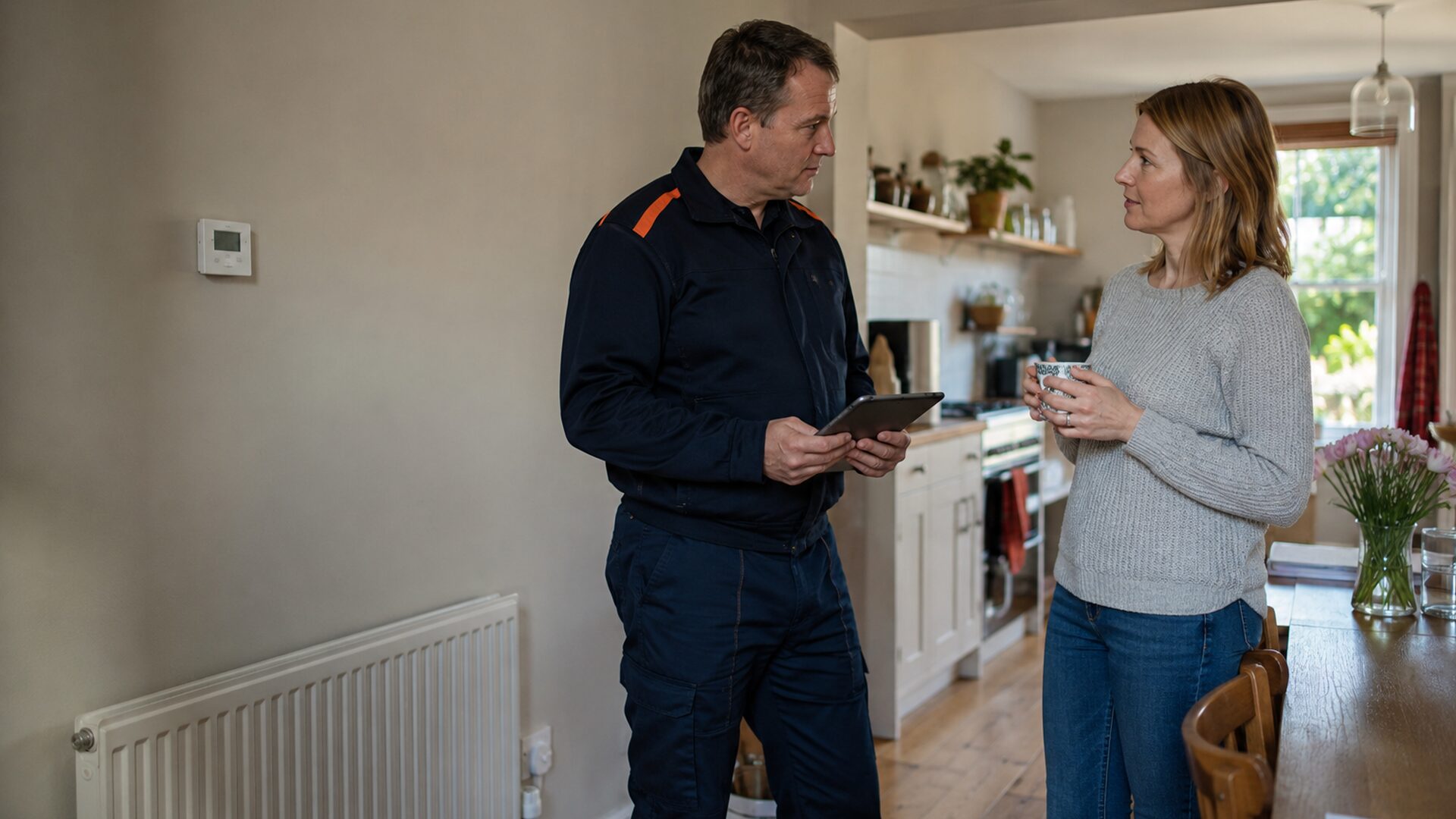 ASAP Boiler Repairs engineer discussing a boiler repair with a homeowner
