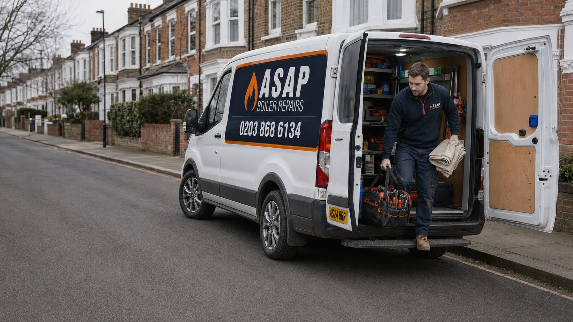 ASAP Boiler Repairs engineer unloading tools from a modern service van