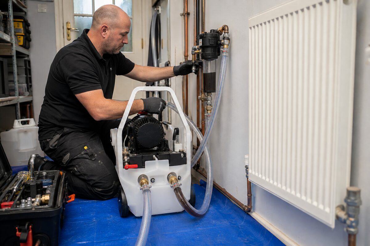 ASAP Boiler Repairs engineer operating a professional power flushing machine