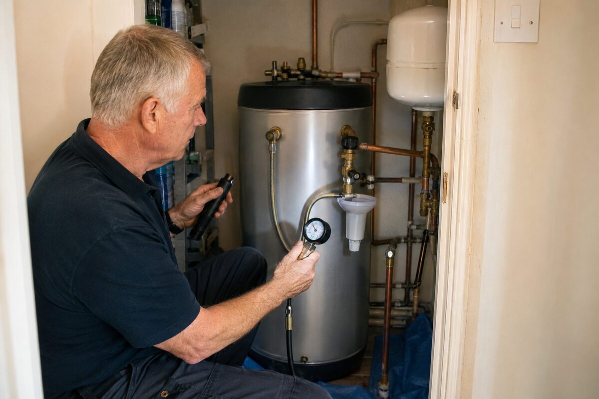 ASAP Boiler Repairs engineer checking an unvented hot water cylinder