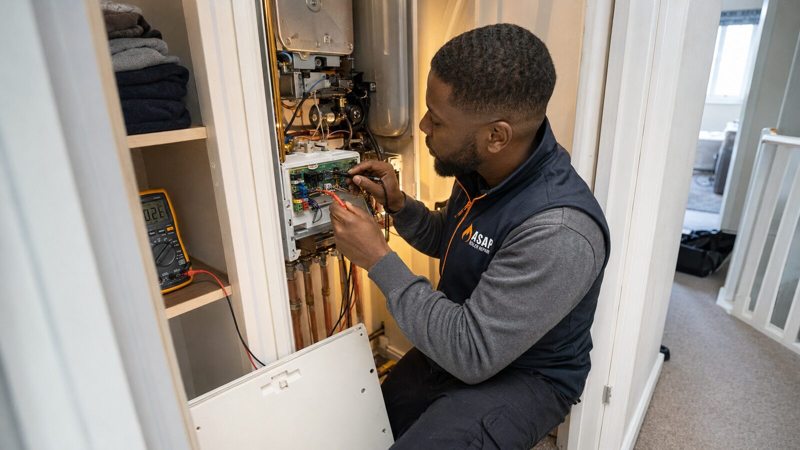 ASAP Boiler Repairs engineer checking the controls on a wall hung boiler