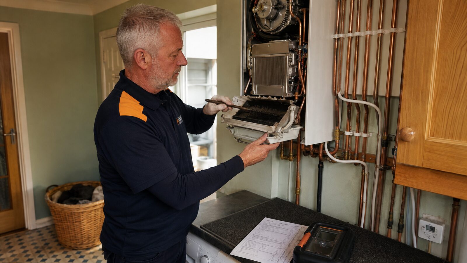 ASAP Boiler Repairs engineer servicing a boiler heat exchanger
