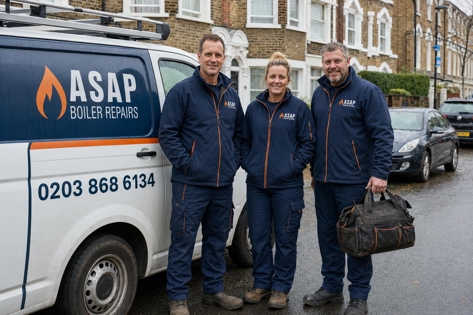 ASAP Boiler Repairs engineers with a branded service van