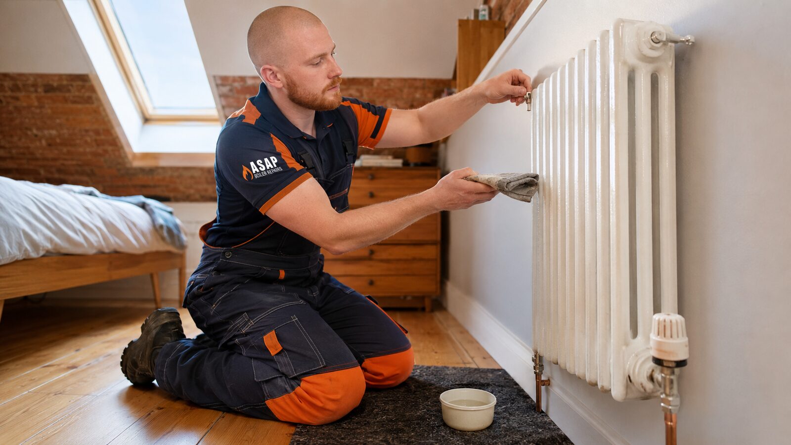 ASAP Boiler Repairs engineer bleeding a domestic radiator
