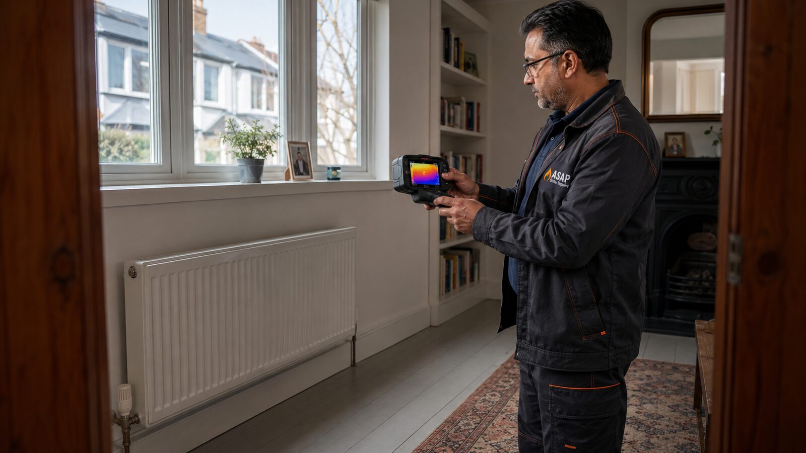 ASAP Boiler Repairs engineer checking radiator performance with a thermal camera