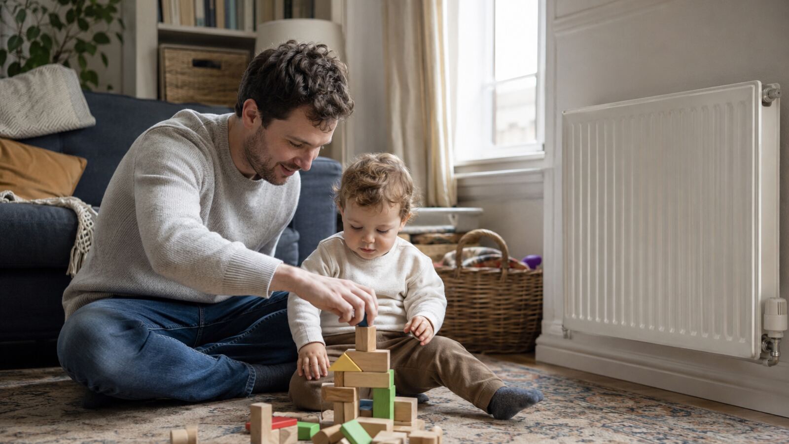 Father and toddler playing together in a comfortably heated family room