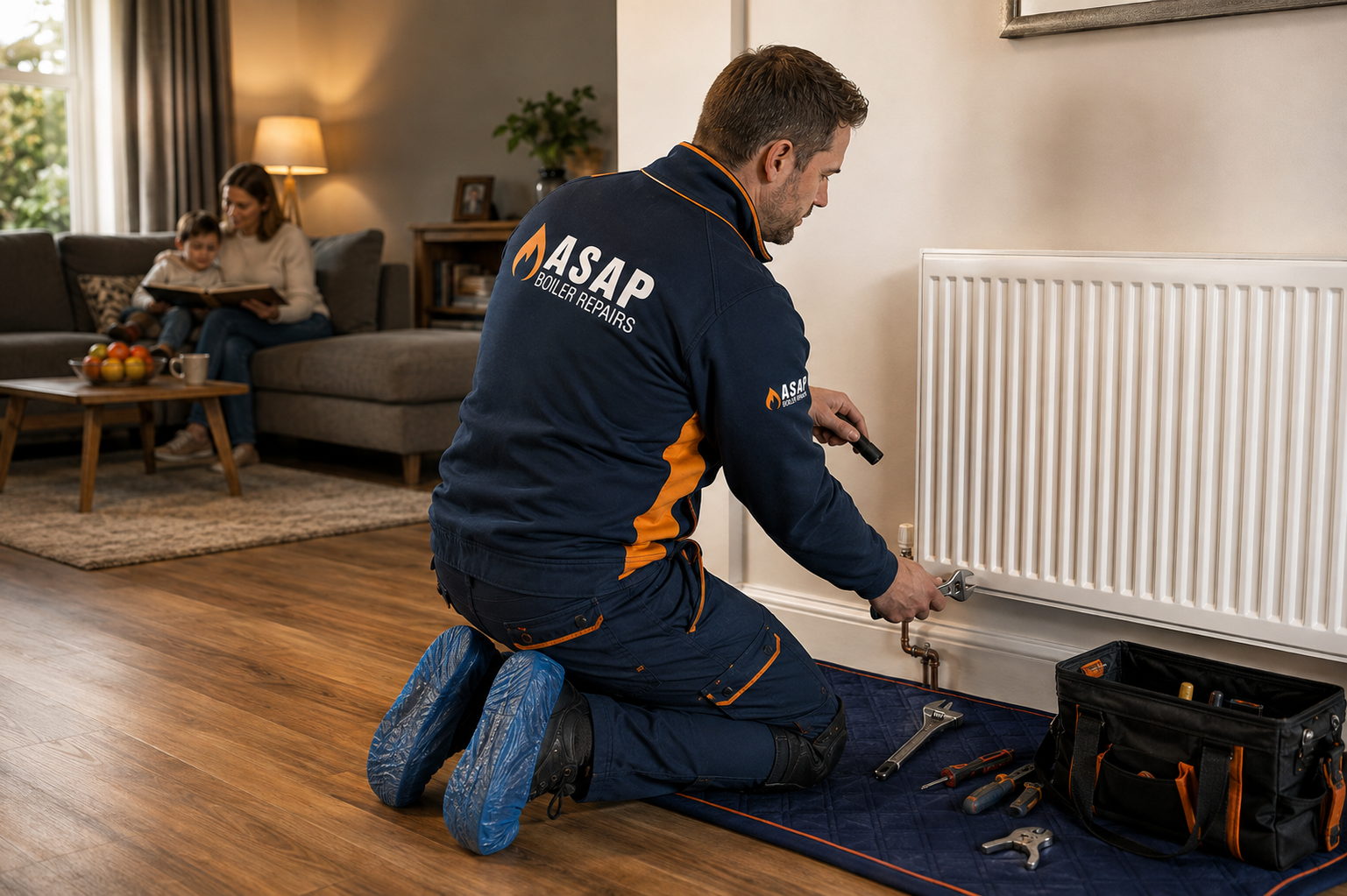 ASAP Boiler Repairs engineer repairing a radiator in a family home