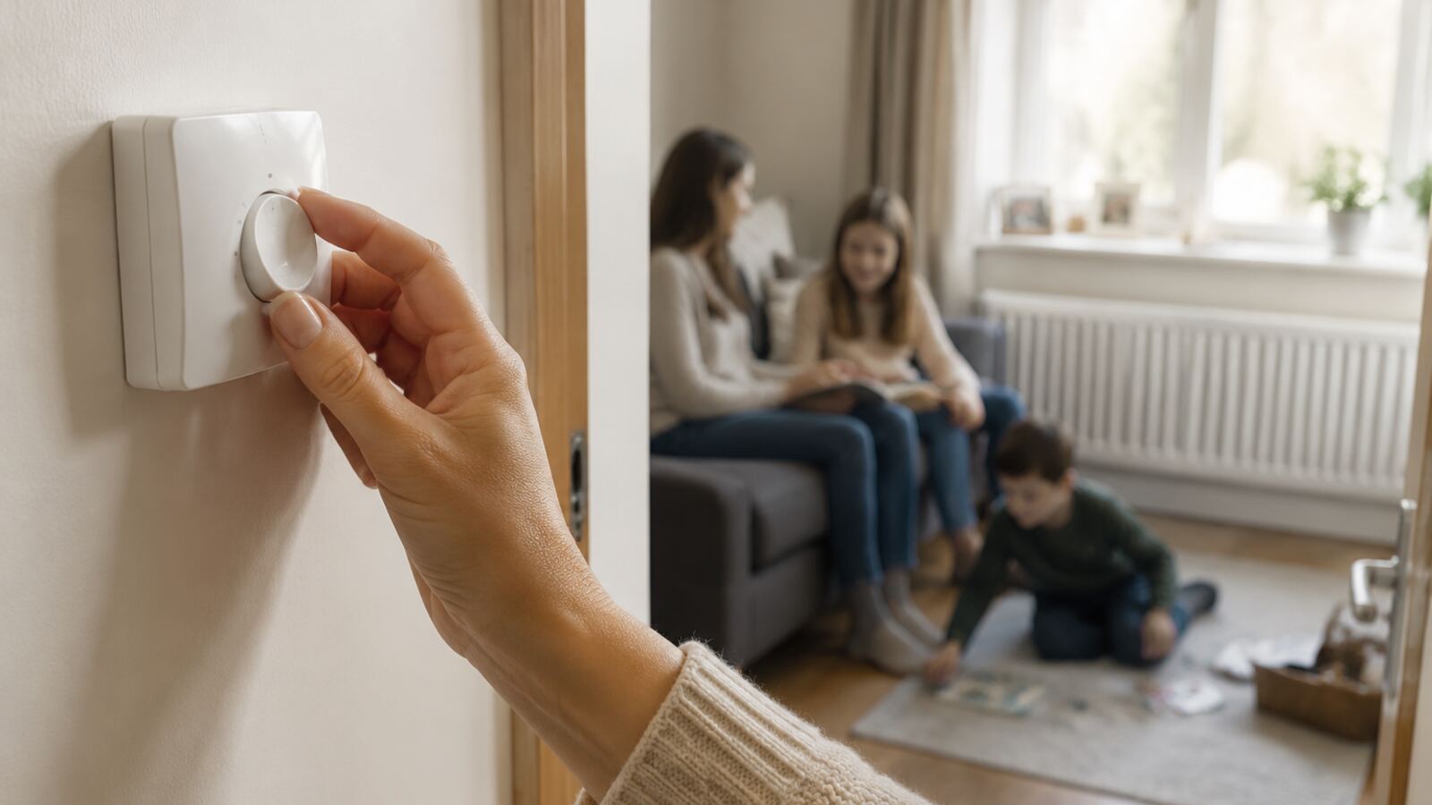 Homeowner adjusting a thermostat while her family relaxes in a warm room