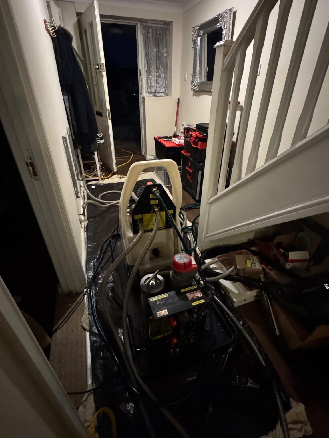 Kamco Clearflow CF90 power-flushing machine and twin magnetic filter connected in a protected hallway