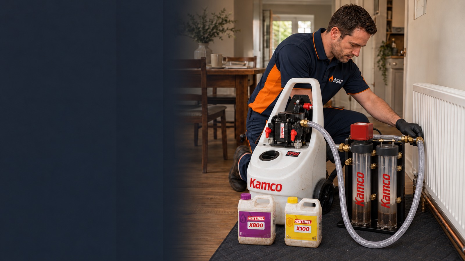 ASAP Boiler Repairs engineer using a Kamco CF90 power flushing machine and twin magnetic filter in a London home