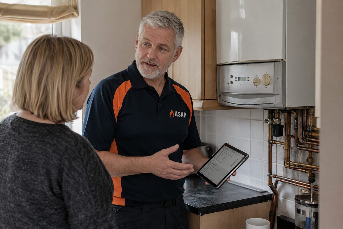 ASAP Boiler Repairs engineer discussing a boiler replacement with a homeowner