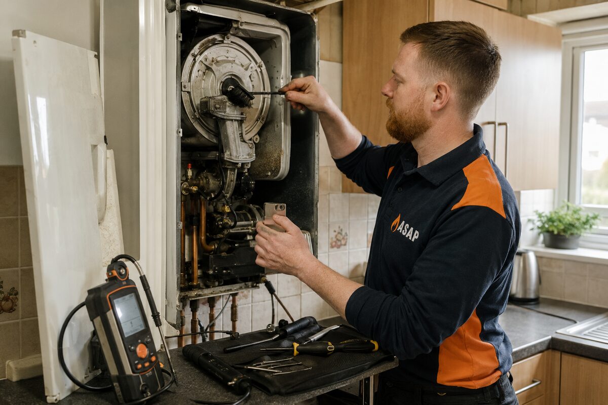 ASAP Boiler Repairs engineer servicing a boiler heat exchanger