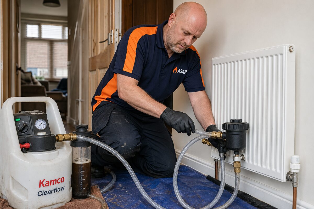 ASAP Boiler Repairs engineer operating a professional power flushing machine