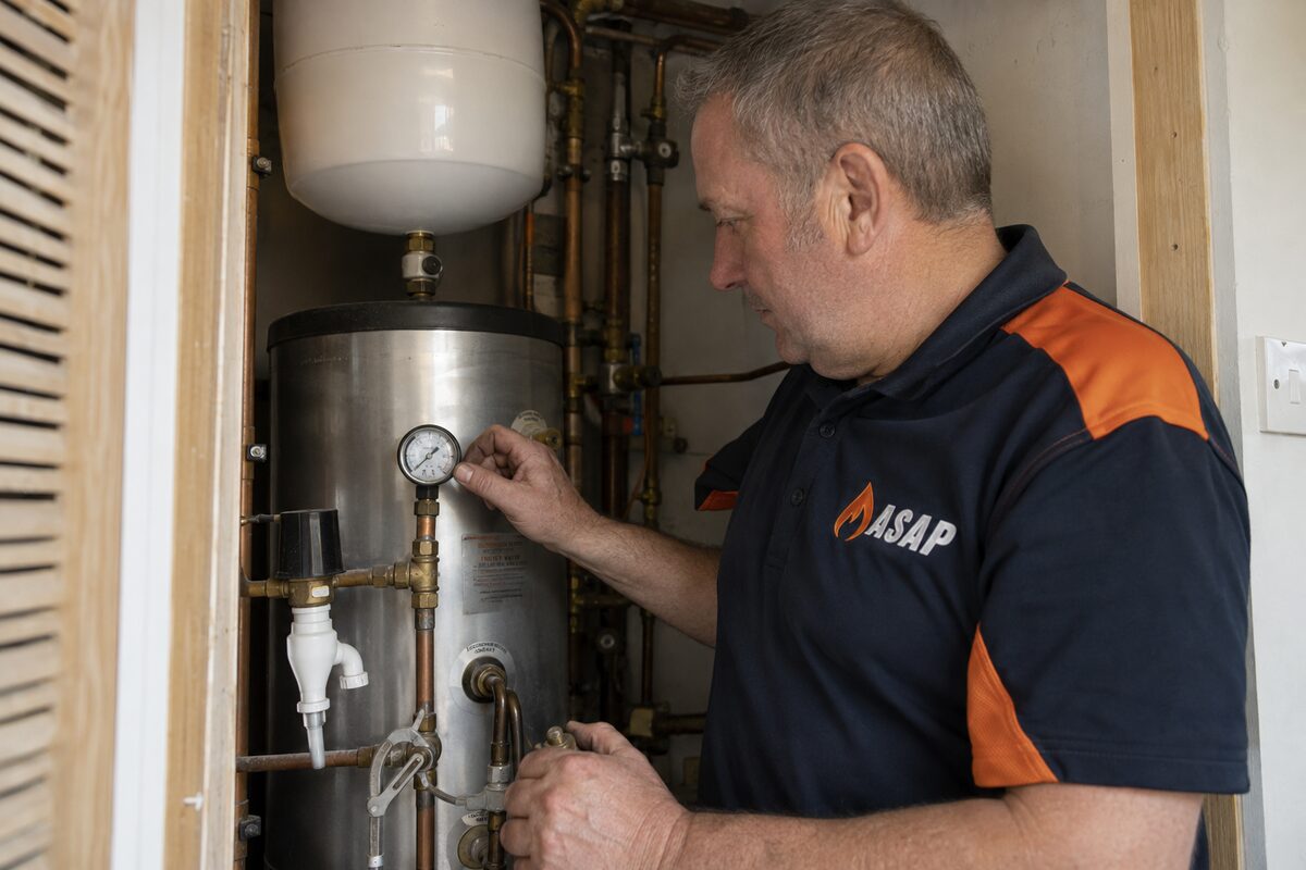 ASAP Boiler Repairs engineer checking an unvented hot water cylinder